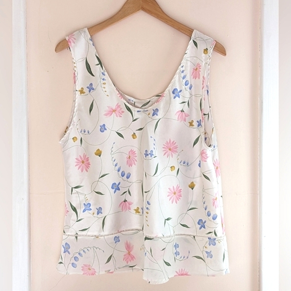 Vintage satin camisole cami pastel floral ruffle pretty slip top plus size XL-1X